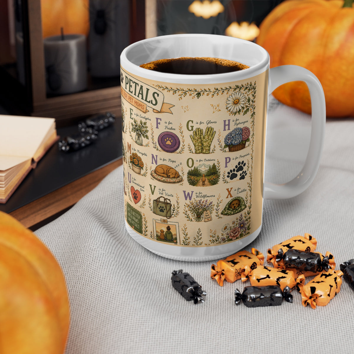 Paws & Petals Alphabet Ceramic Mug — Illustrated A–Z Pet Plants, 15oz Mug