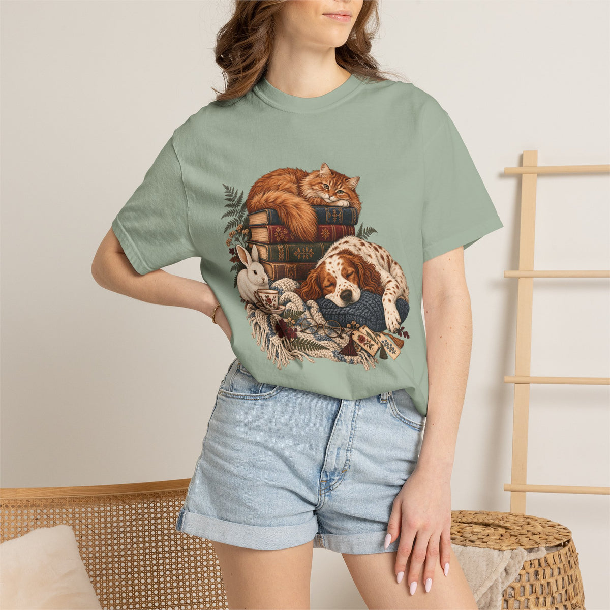 Cozy Reading Pets T-Shirt – Cat, Dog & Bunny Book Lover Tee