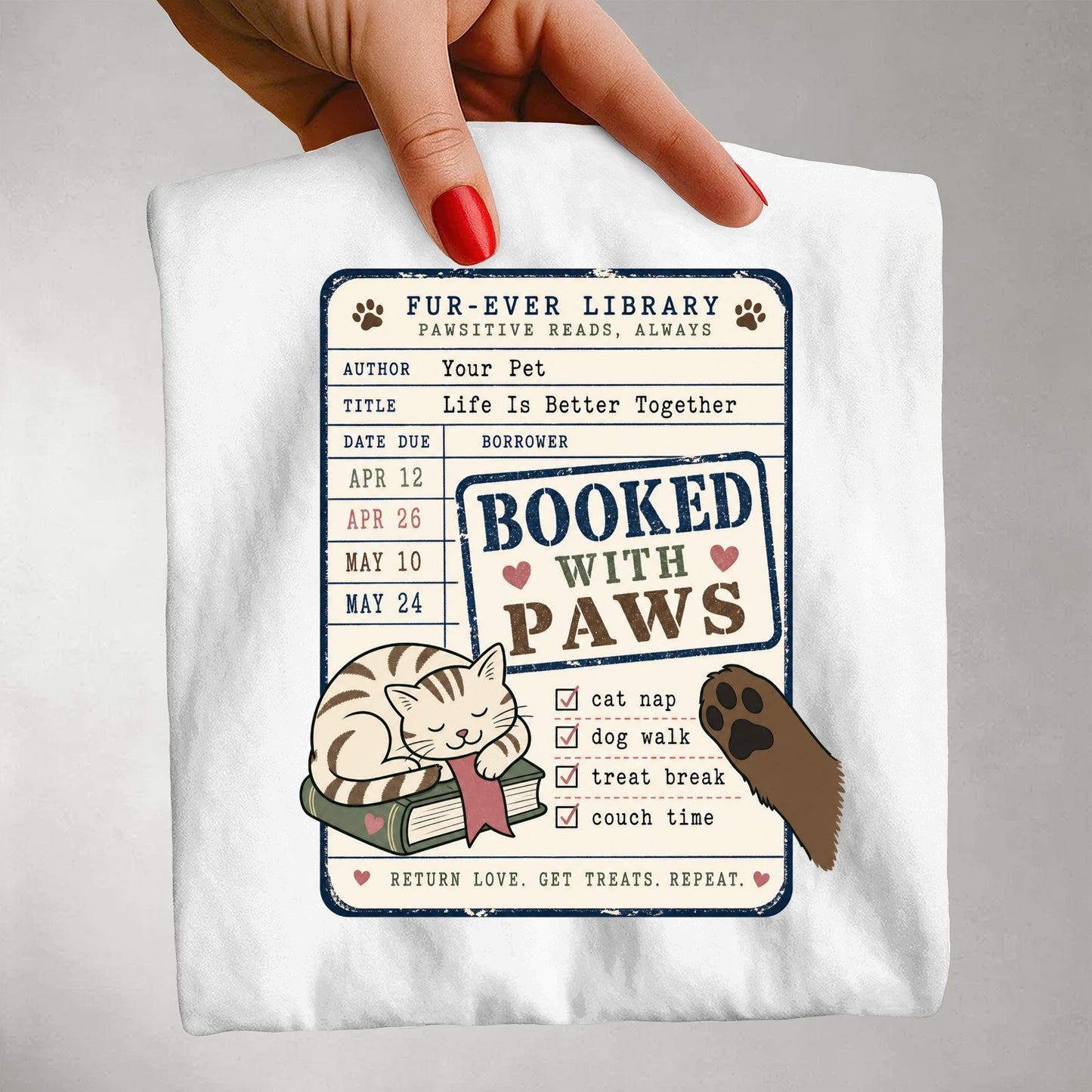 Booked With Paws T-Shirt - Cat & Dog Library Graphic - Gift for Pet Mom