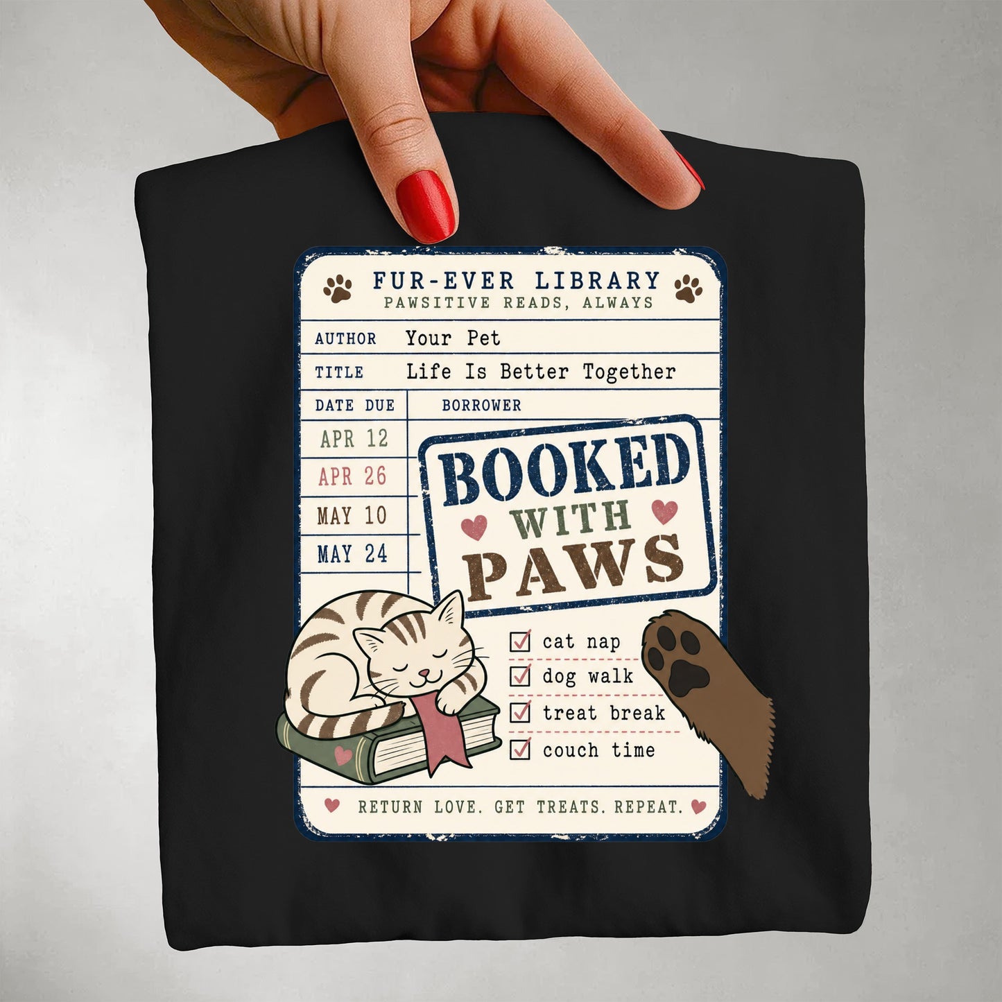 Booked With Paws T-Shirt - Cat & Dog Library Graphic - Gift for Pet Mom