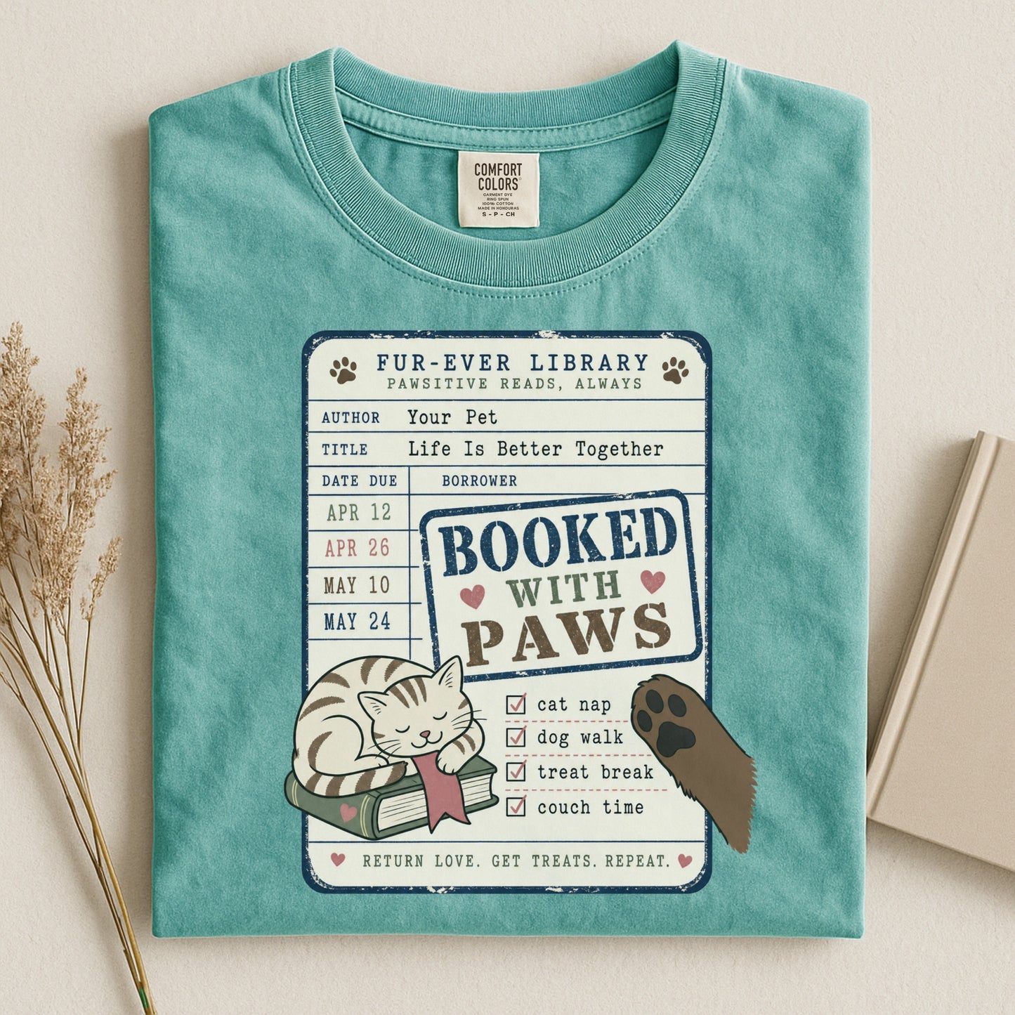 Booked With Paws T-Shirt - Cat & Dog Library Graphic - Gift for Pet Mom