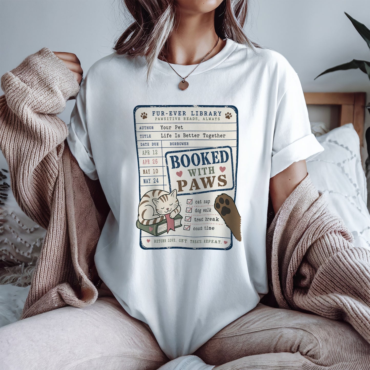 Booked With Paws T-Shirt - Cat & Dog Library Graphic - Gift for Pet Mom