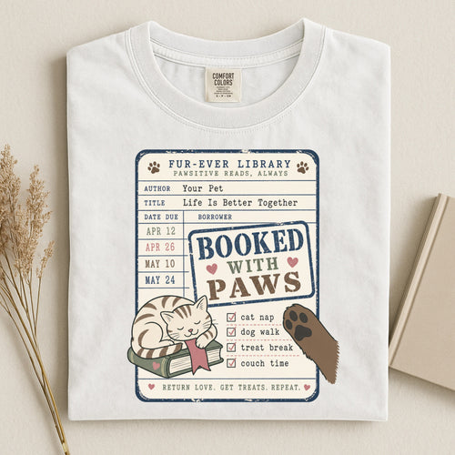 Booked With Paws T-Shirt - Cat & Dog Library Graphic - Gift for Pet Mom
