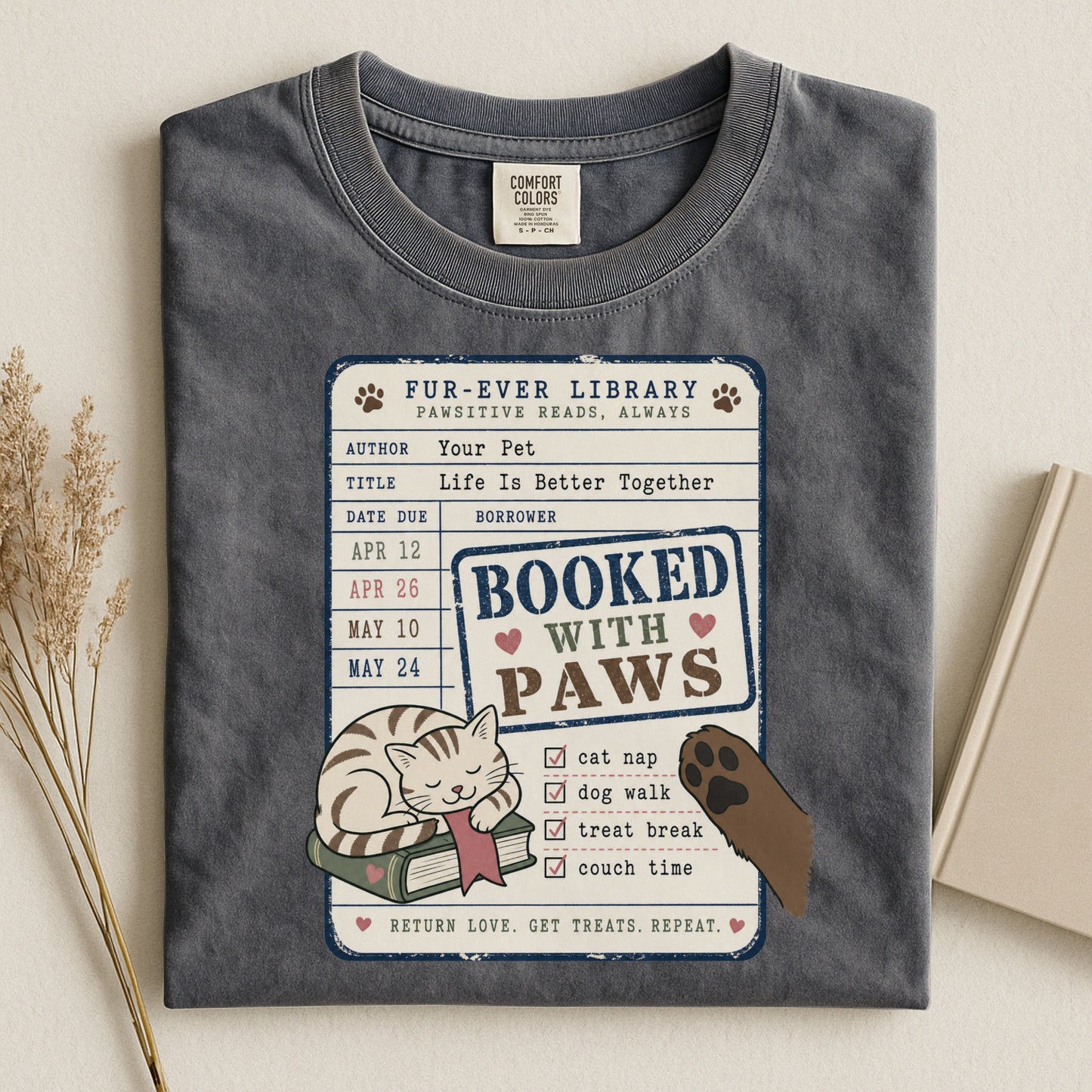 Booked With Paws T-Shirt - Cat & Dog Library Graphic - Gift for Pet Mom
