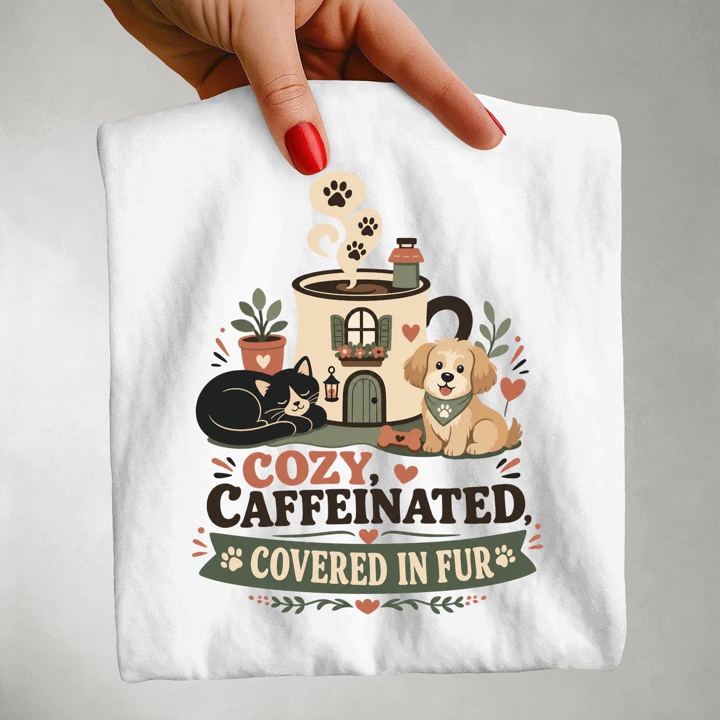 Cozy, Caffeinated & Covered in Fur T-Shirt - Pet Parent Funny - Cute Dog Mom - Cute Cat Mom