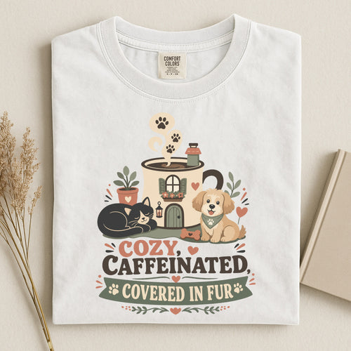 Cozy, Caffeinated & Covered in Fur T-Shirt - Pet Parent Funny - Cute Dog Mom - Cute Cat Mom