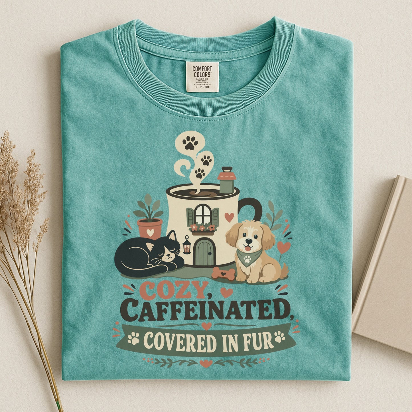 Cozy, Caffeinated & Covered in Fur T-Shirt - Pet Parent Funny - Cute Dog Mom - Cute Cat Mom