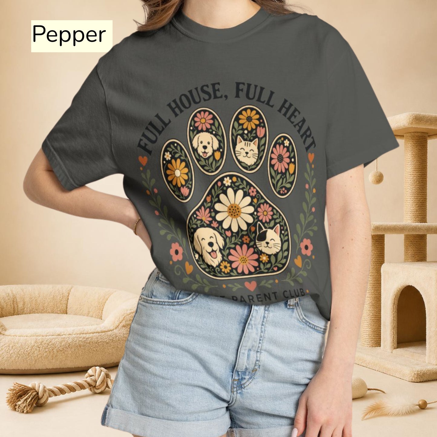 Full House Full Heart Floral Paw — Cute Pet Lover Cottage T-Shirt
