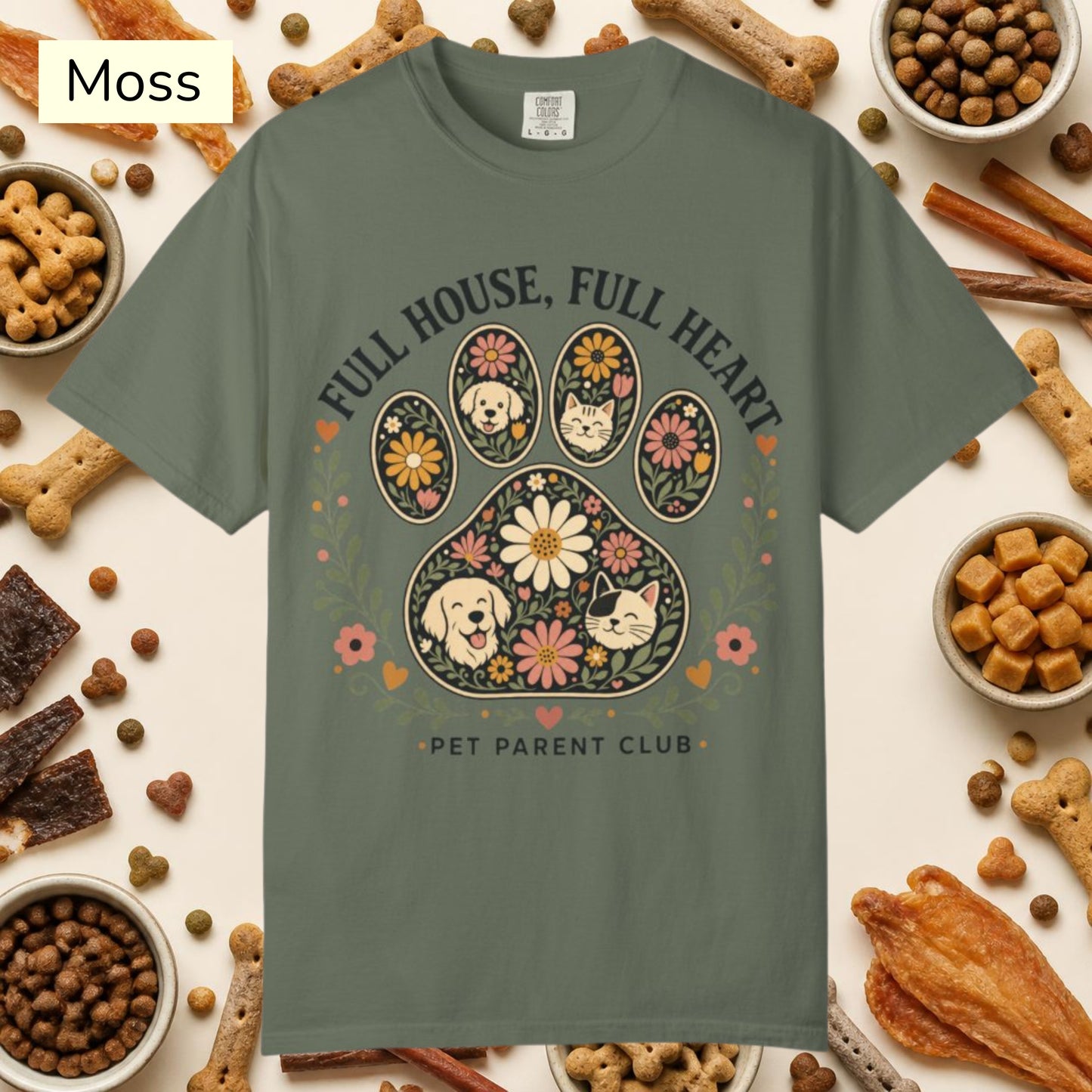 Full House Full Heart Floral Paw — Cute Pet Lover Cottage T-Shirt