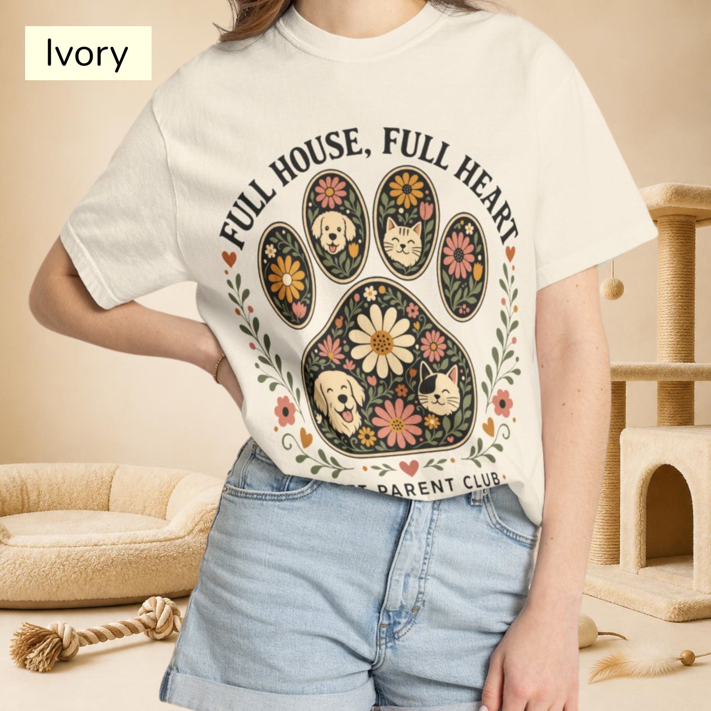 Full House Full Heart Floral Paw — Cute Pet Lover Cottage T-Shirt