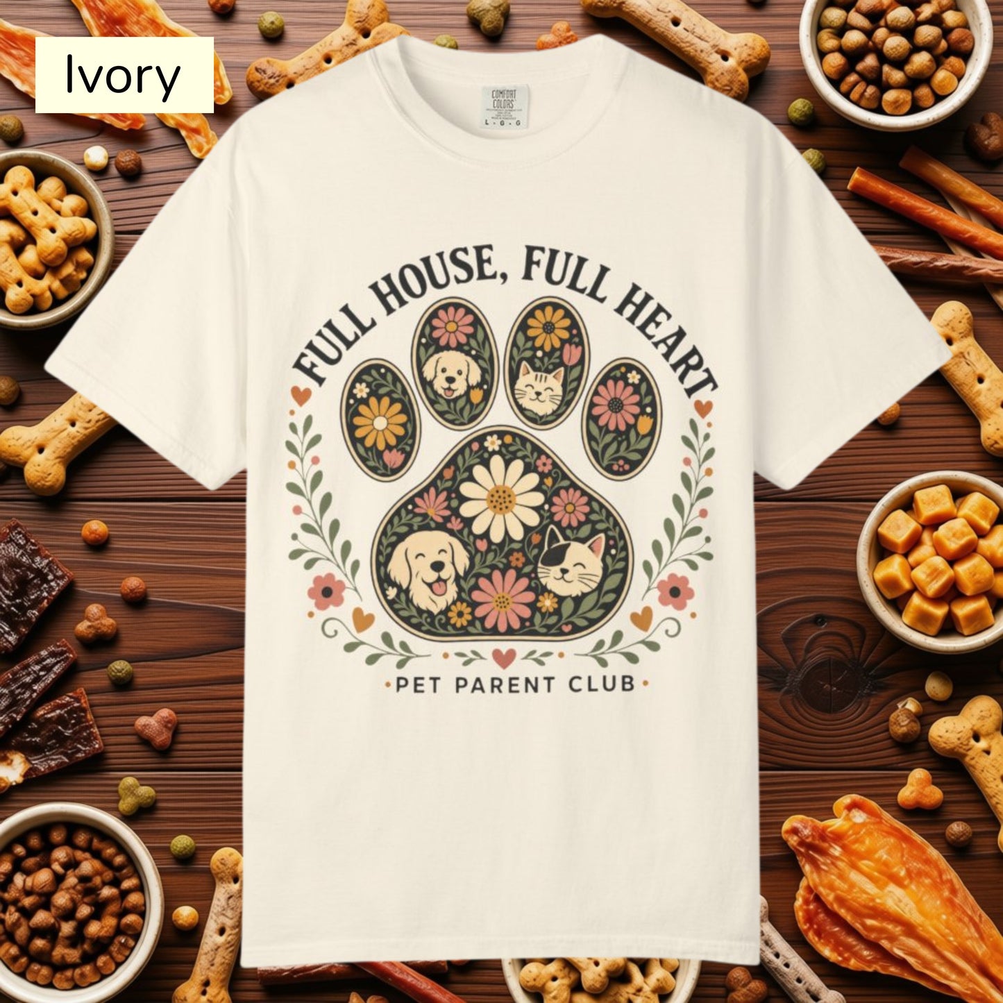 Full House Full Heart Floral Paw — Cute Pet Lover Cottage T-Shirt