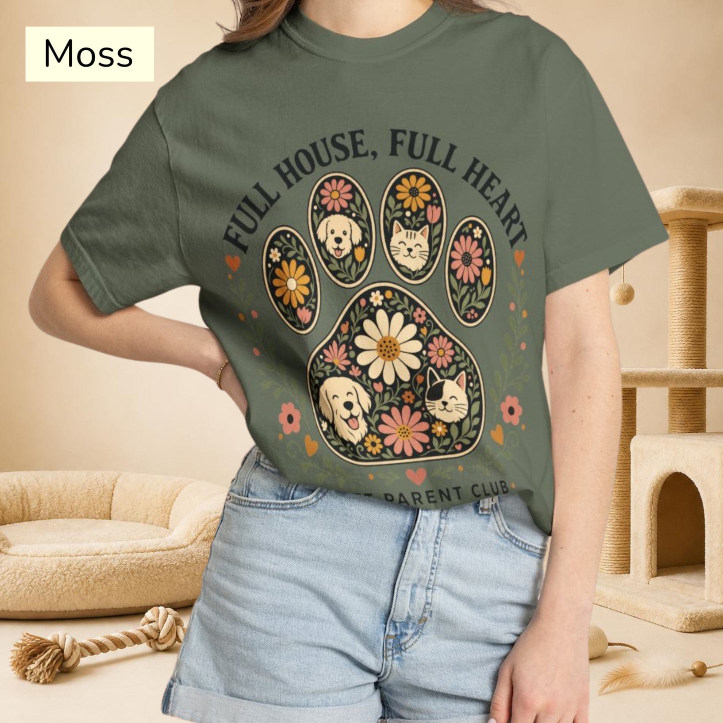 Full House Full Heart Floral Paw — Cute Pet Lover Cottage T-Shirt