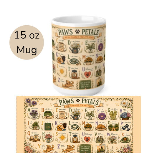 Paws & Petals Alphabet Ceramic Mug — Illustrated A–Z Pet Plants, 15oz Mug