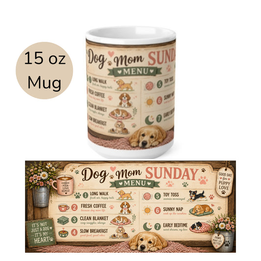 Dog Mom Sunday Menu Mug — Cute Coffee Cup for Dog Lovers (15oz Mug)