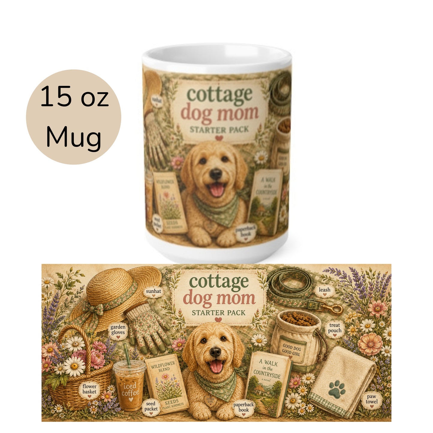 Cottage Dog Mom Mug — Ceramic 15oz Coffee Cup, Rustic Floral & Puppy Starter Pack Design