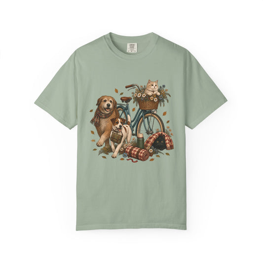 Vintage Bicycle Pet Adventure T-Shirt – Cottagecore Dog & Cat Lover Tee