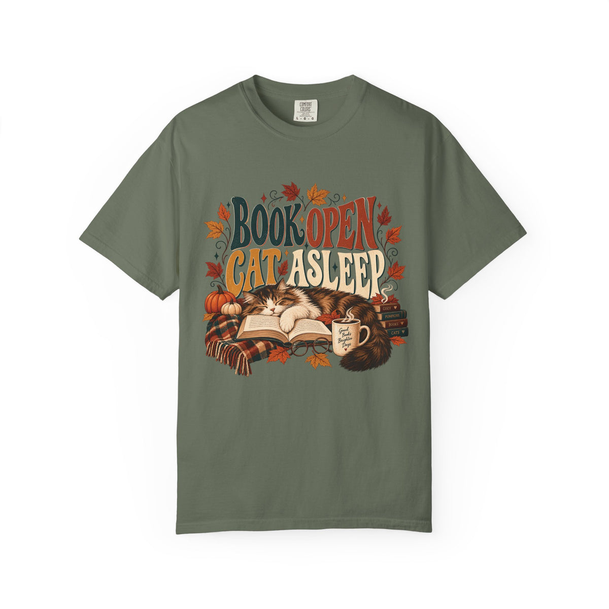 Book Open Cat Asleep T-Shirt – Cozy Cat Lover & Reader Tee