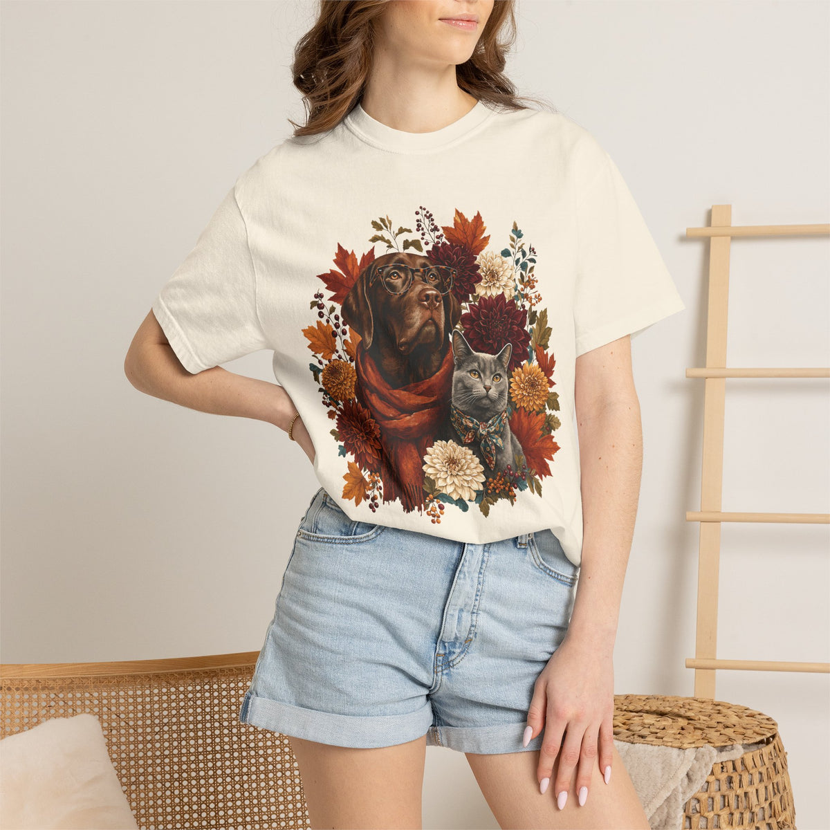 Autumn Dog & Cat T-Shirt – Vintage Floral Pet Lover Fall Graphic Tee
