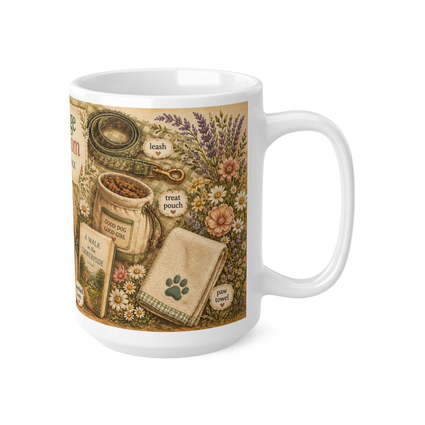 Cottage Dog Mom Mug — Ceramic 15oz Coffee Cup, Rustic Floral & Puppy Starter Pack Design