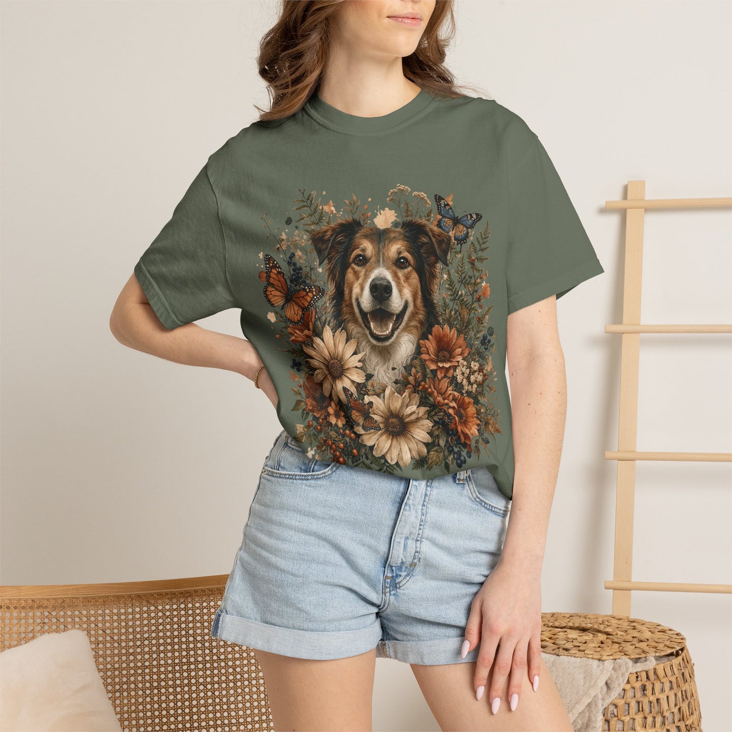 Floral Rescue Dog Portrait  — Cute Pet Lover T-Shirt