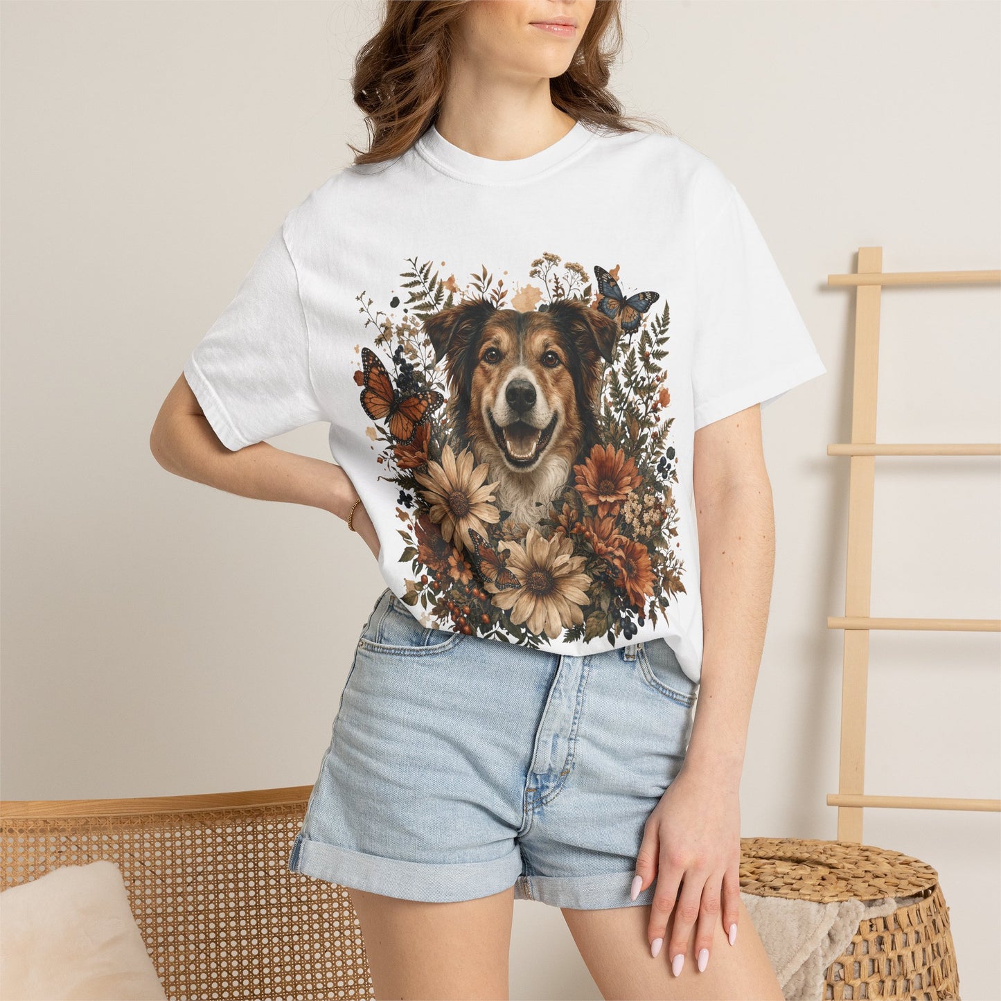 Floral Rescue Dog Portrait  — Cute Pet Lover T-Shirt