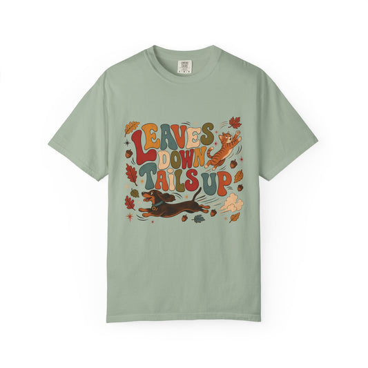 Leaves Down Tails Up T-Shirt – Retro Fall Dog & Cat Pet Parent Tee
