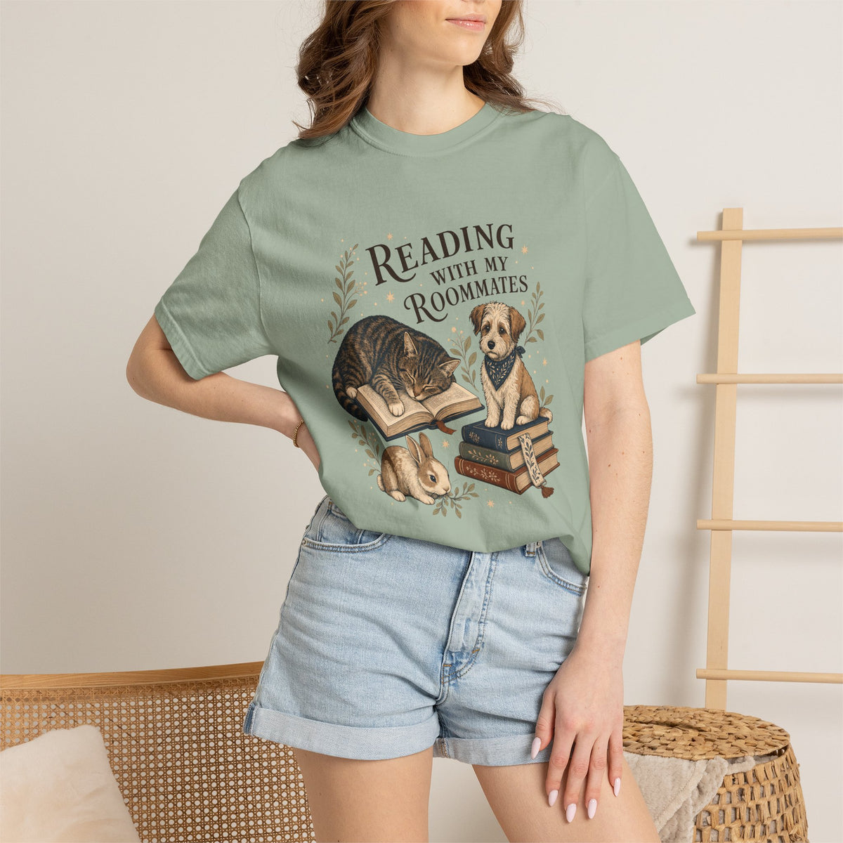 "Reading With My Roommates" Cat, Dog & Bunny Book Lover T-Shirt