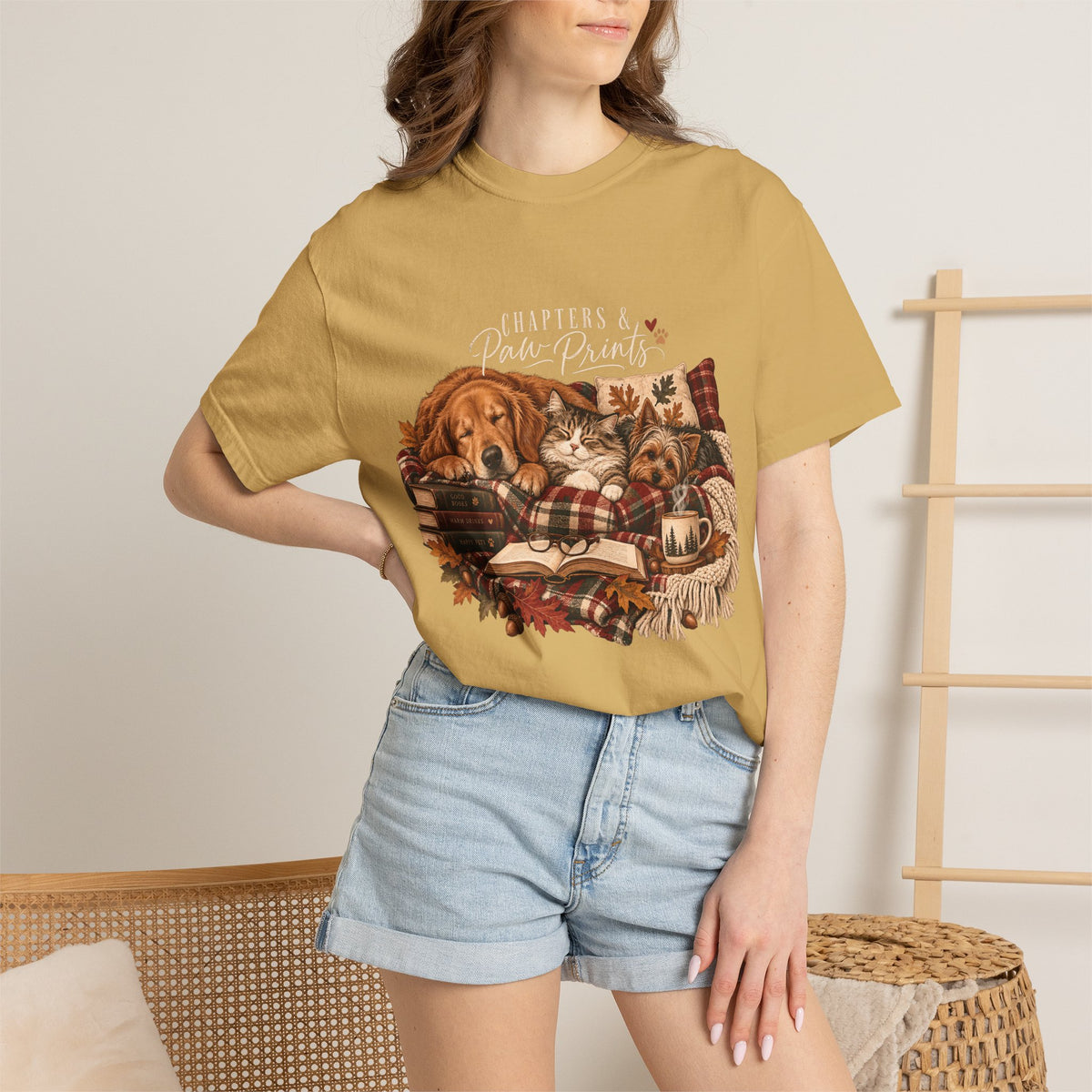 Chapters & Paw Prints T-Shirt – Cozy Book Lover Pet Parent Tee