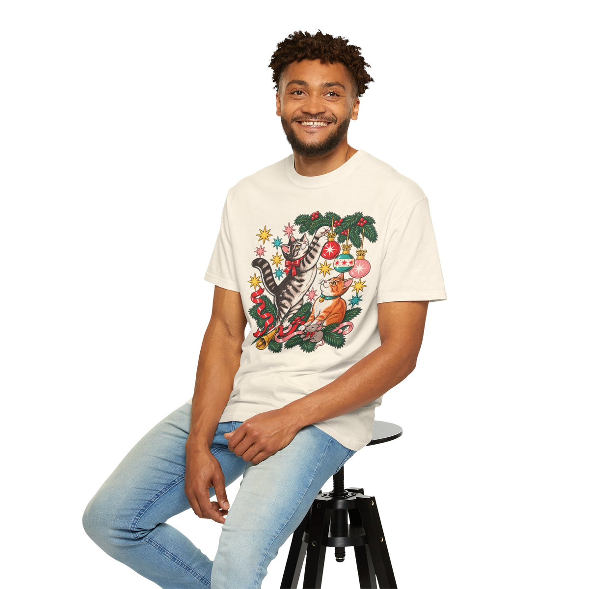 Retro Christmas Cats T-Shirt – Mischievous Cats & Ornaments Tee