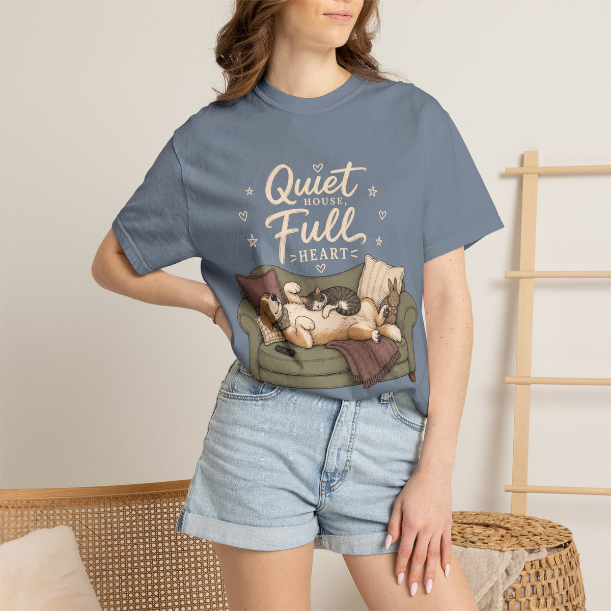 "Quiet House, Full Heart" Sleeping Dog, Cat & Bunny Sofa T-Shirt