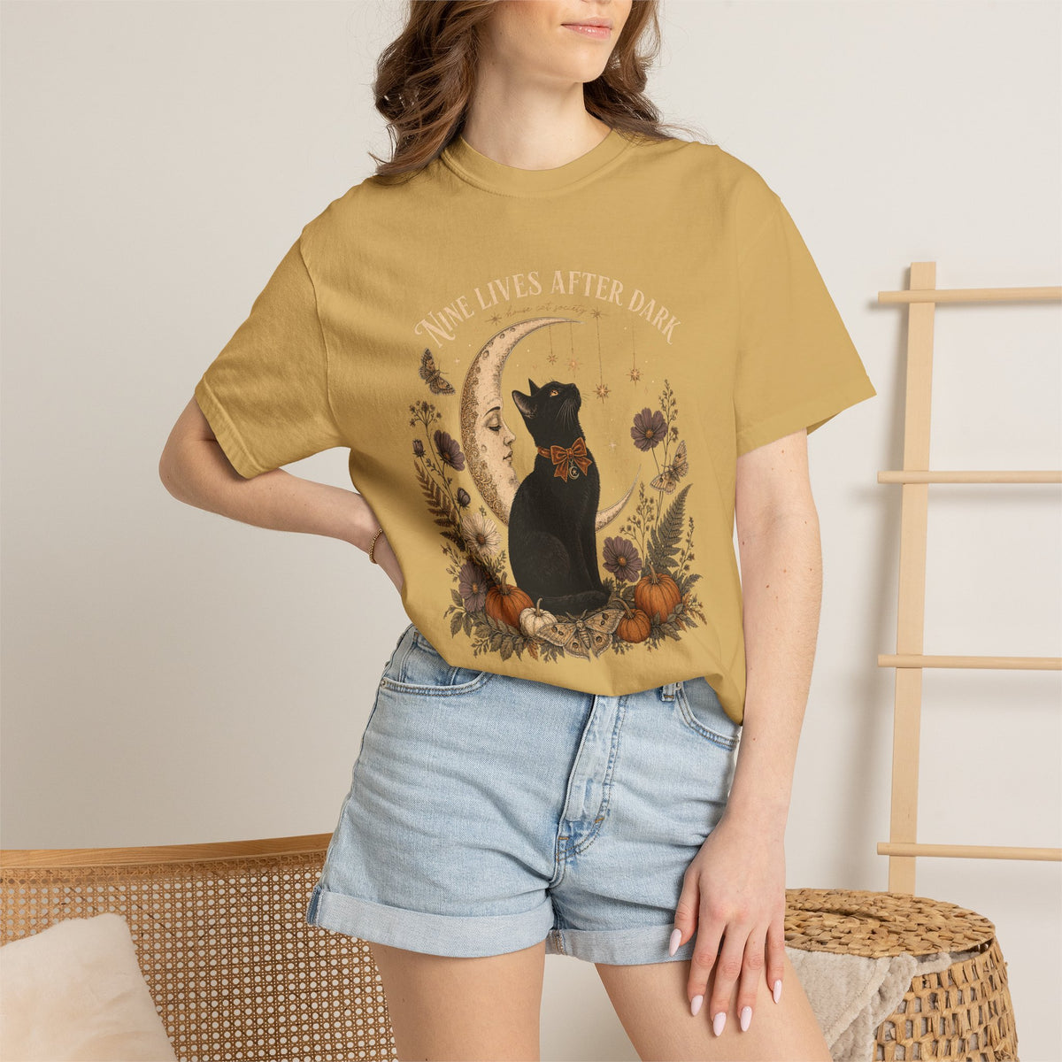 Nine Lives After Dark T-Shirt – Black Cat Celestial Moon Graphic Tee