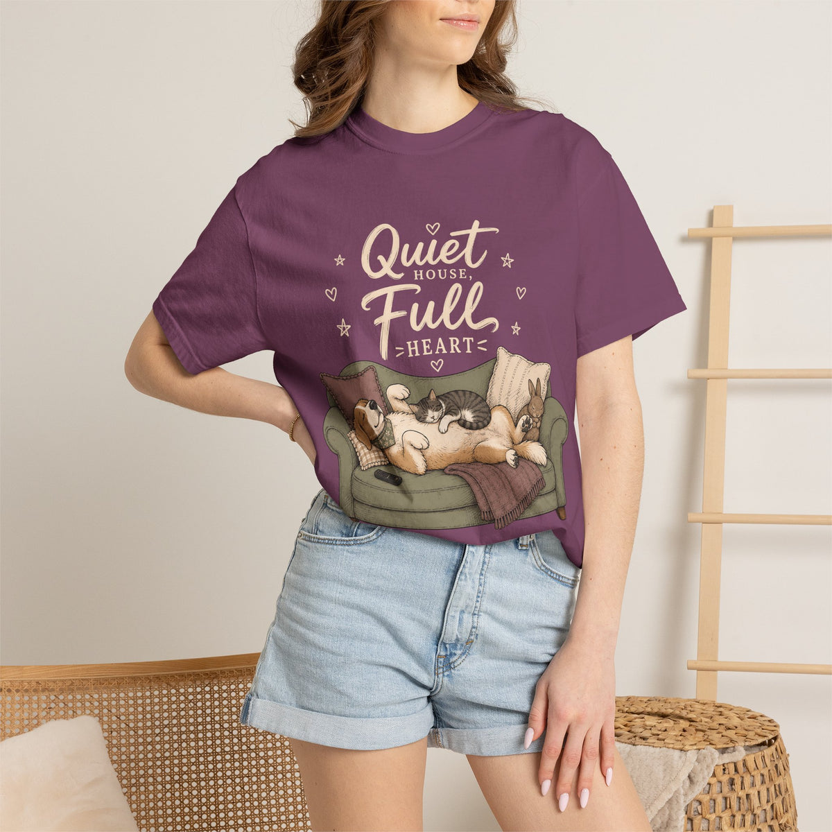 "Quiet House, Full Heart" Sleeping Dog, Cat & Bunny Sofa T-Shirt