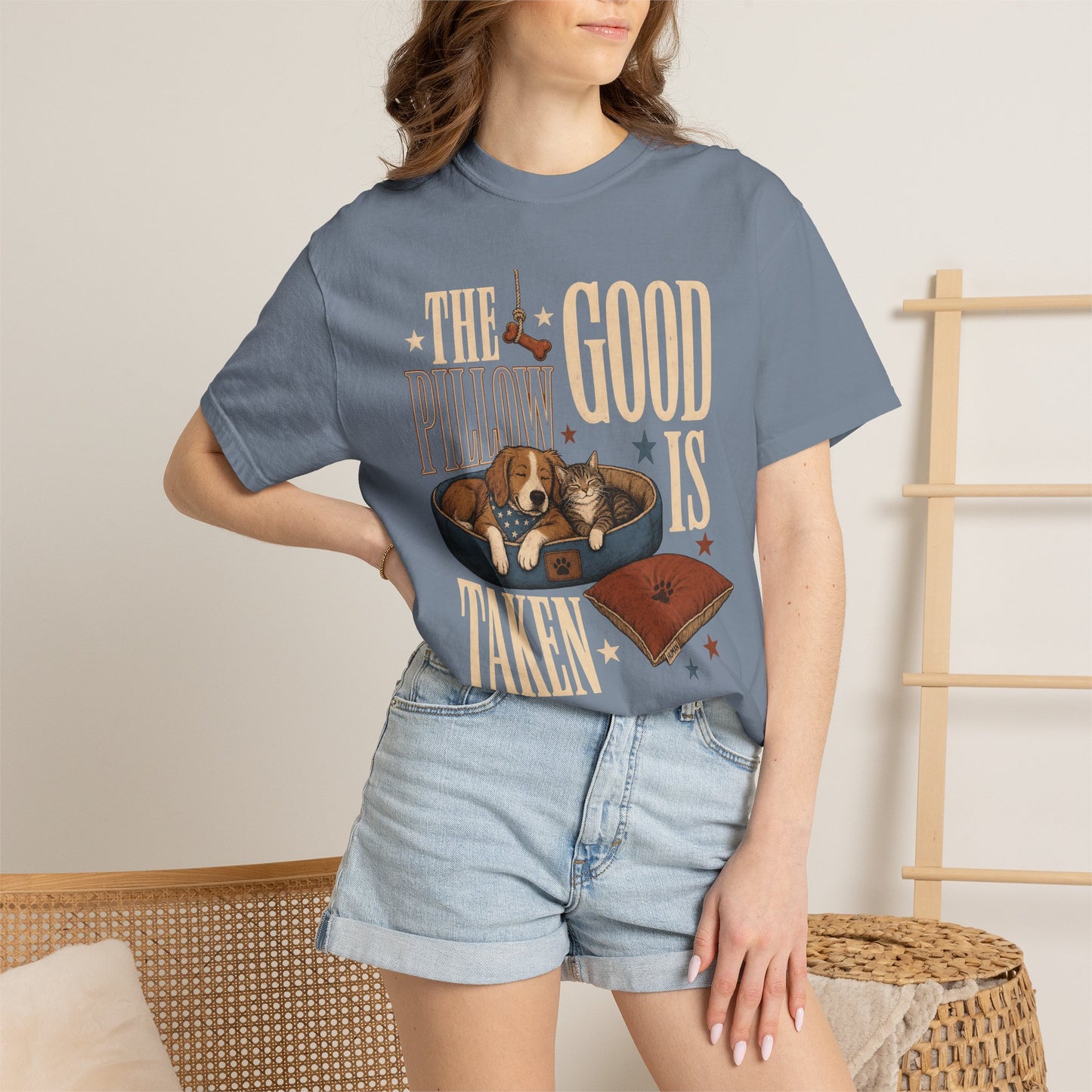 "The Good Pillow Is Taken" Funny Sleeping Dog & Cat T-Shirt