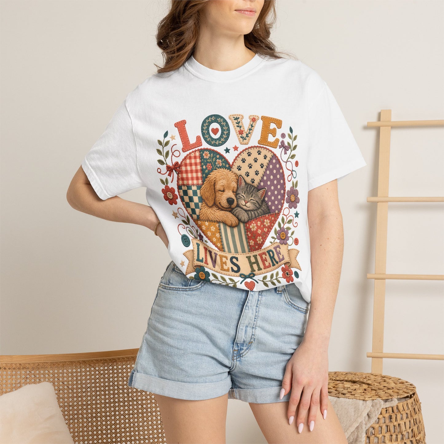 Love Lives Here — Cute Pet Lover T-Shirt - Embroidery Effecrt Print