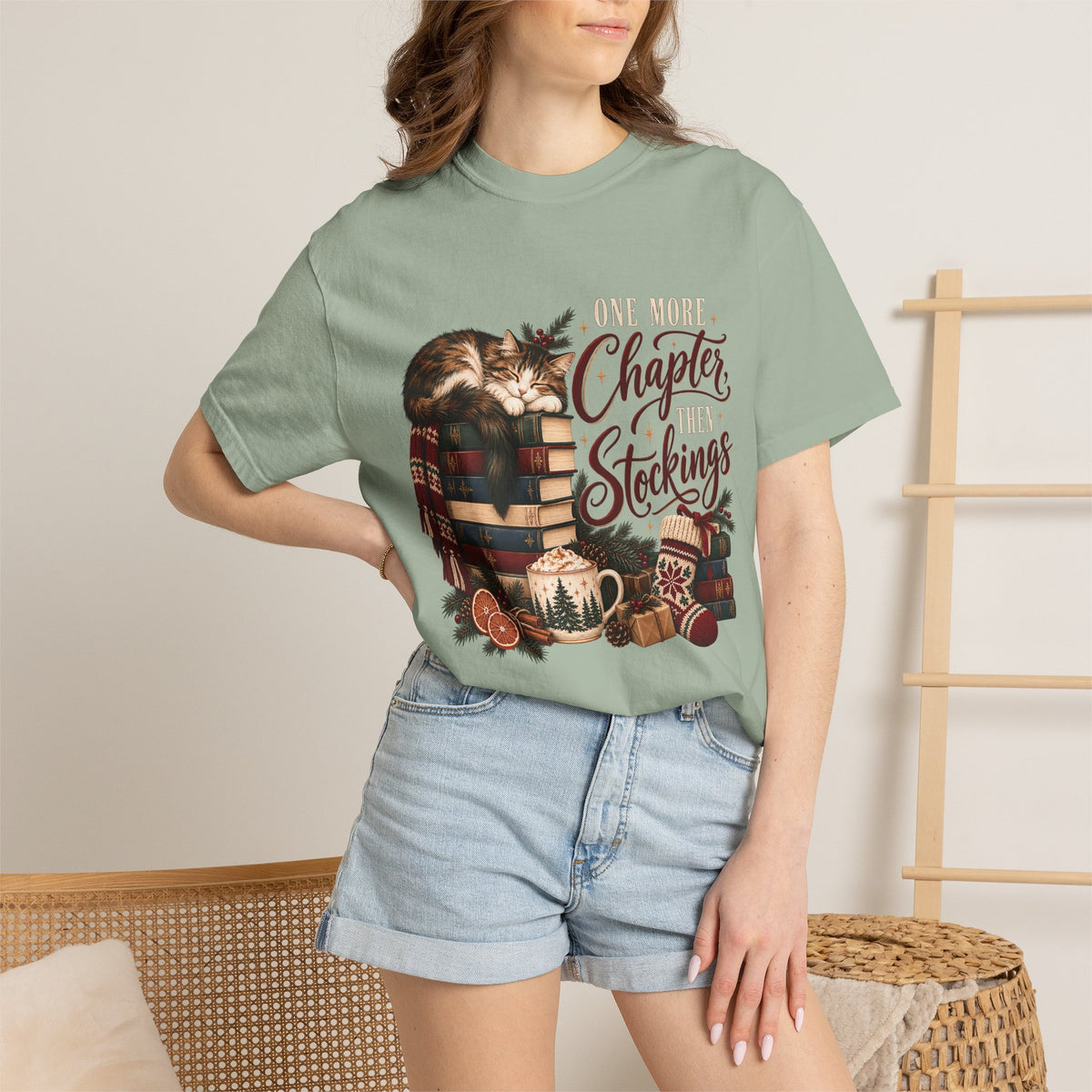 One More Chapter Then Stockings T-Shirt – Christmas Cat & Book Lover Tee