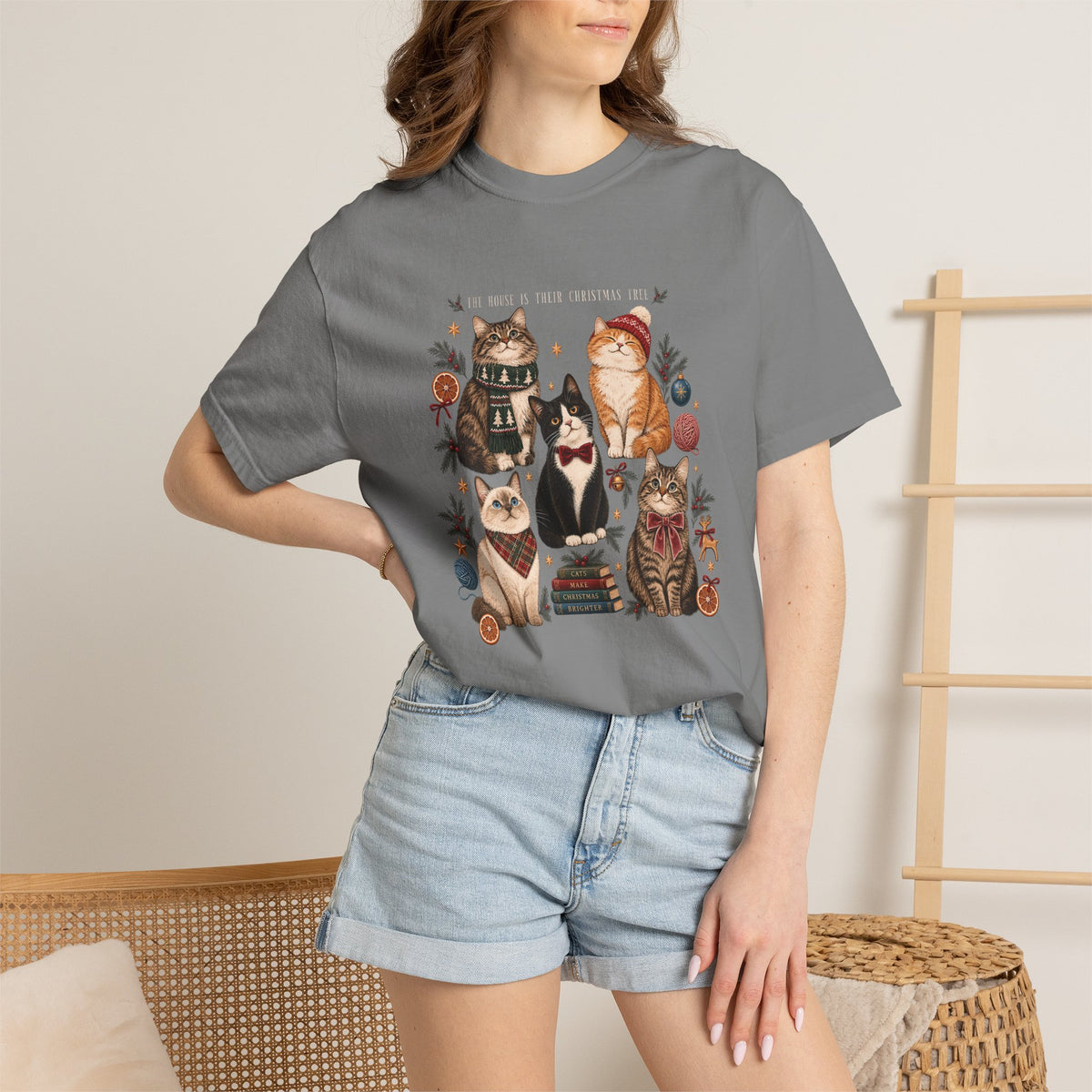 The House Is Their Christmas Tree T-Shirt – Multi-Cat Christmas Tee
