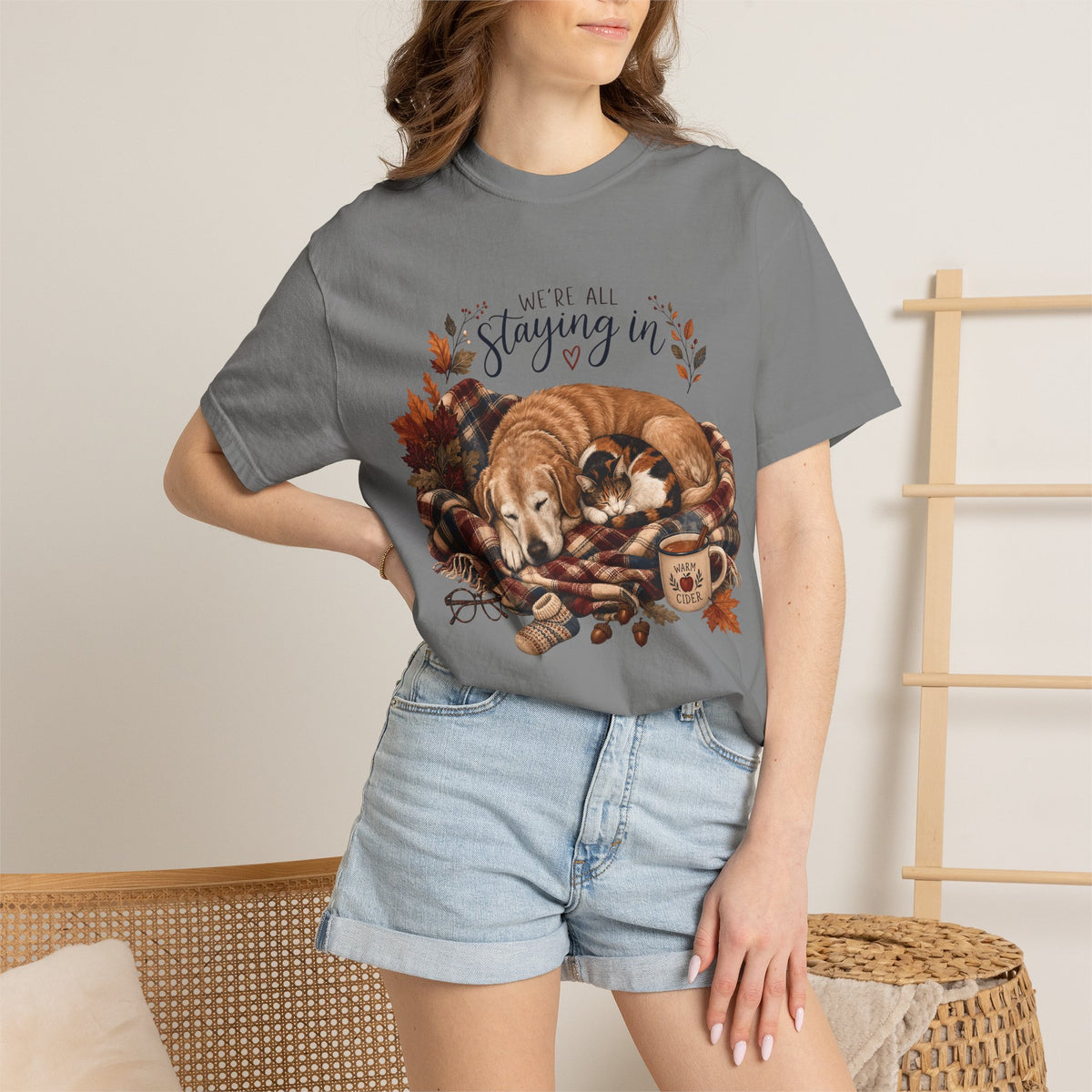 We’re All Staying In T-Shirt – Cozy Dog & Cat Pet Parent Fall Tee
