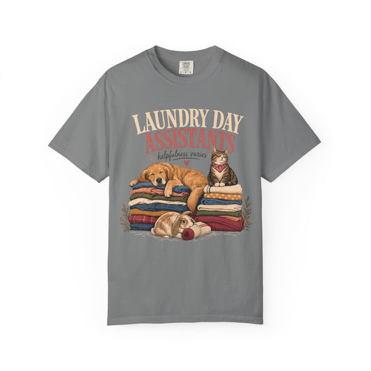 Laundry Day Assistants T-Shirt – Cute Dogs & Cat on Folded Clothes