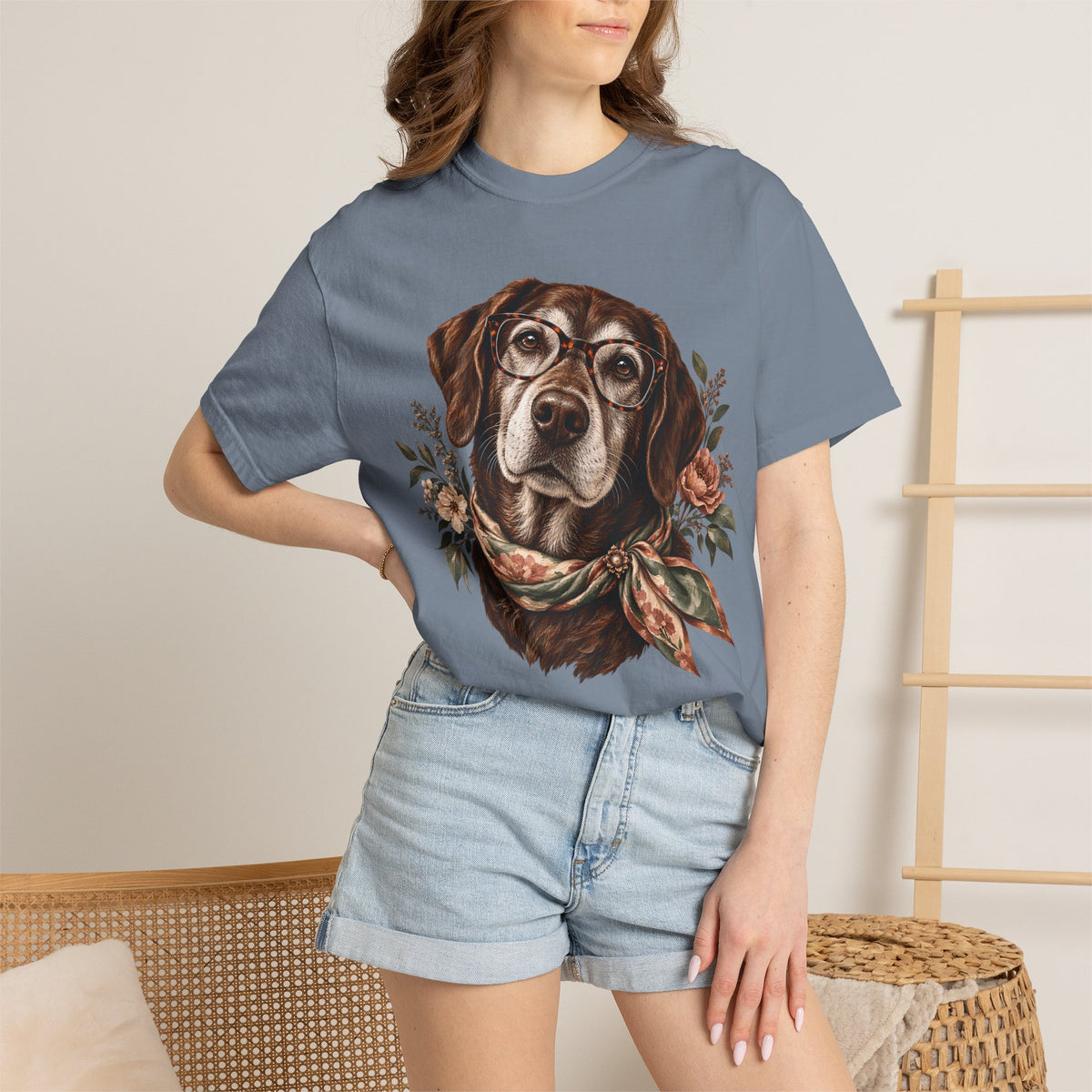 Vintage Floral Dog T-Shirt – Dog with Glasses & Botanical Scarf Tee