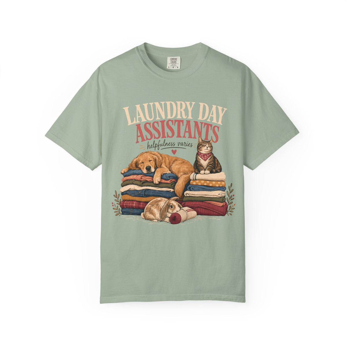 Laundry Day Assistants T-Shirt – Cute Dogs & Cat on Folded Clothes