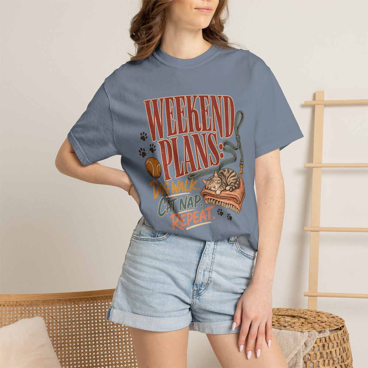 Weekend Plans Dog Walk Cat Nap Repeat T-Shirt – Funny Pet Parent Tee