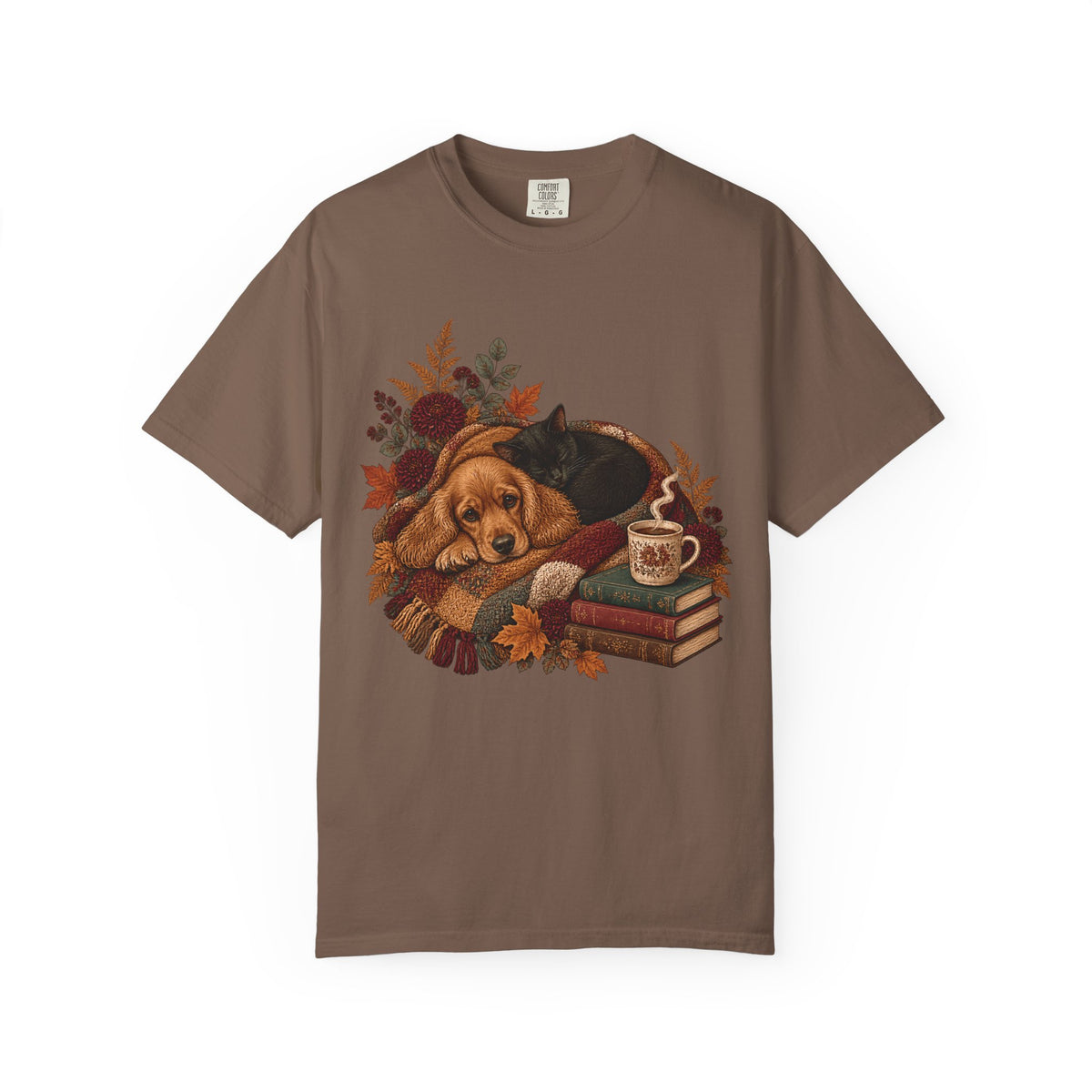 Cozy Autumn Dog & Cat T-Shirt – Sleeping Puppy and Kitten Fall Tee