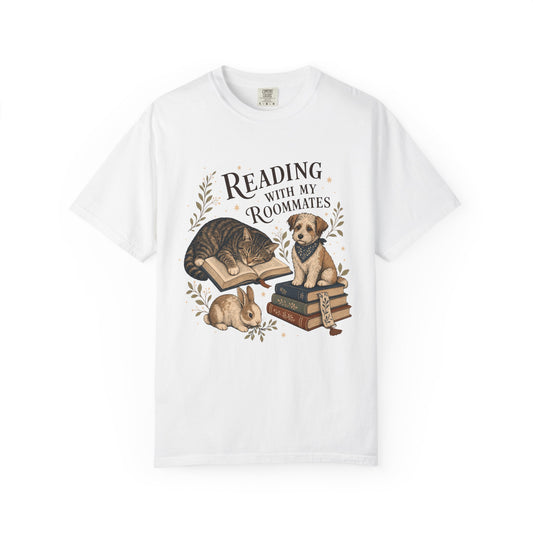 "Reading With My Roommates" Cat, Dog & Bunny Book Lover T-Shirt