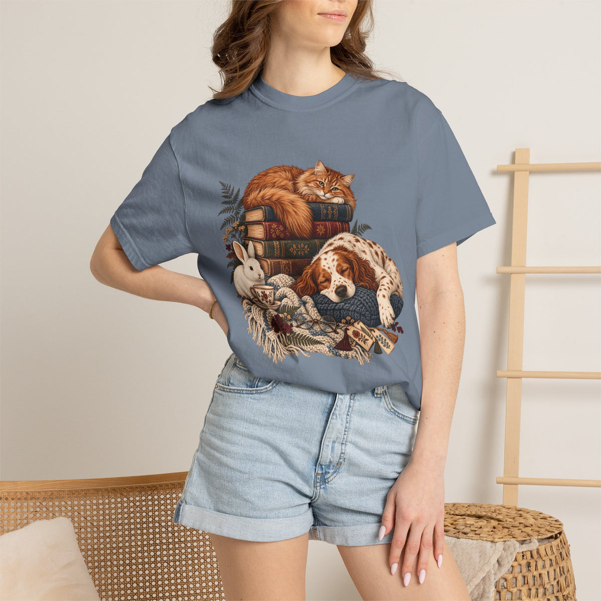 Cozy Reading Pets T-Shirt – Cat, Dog & Bunny Book Lover Tee