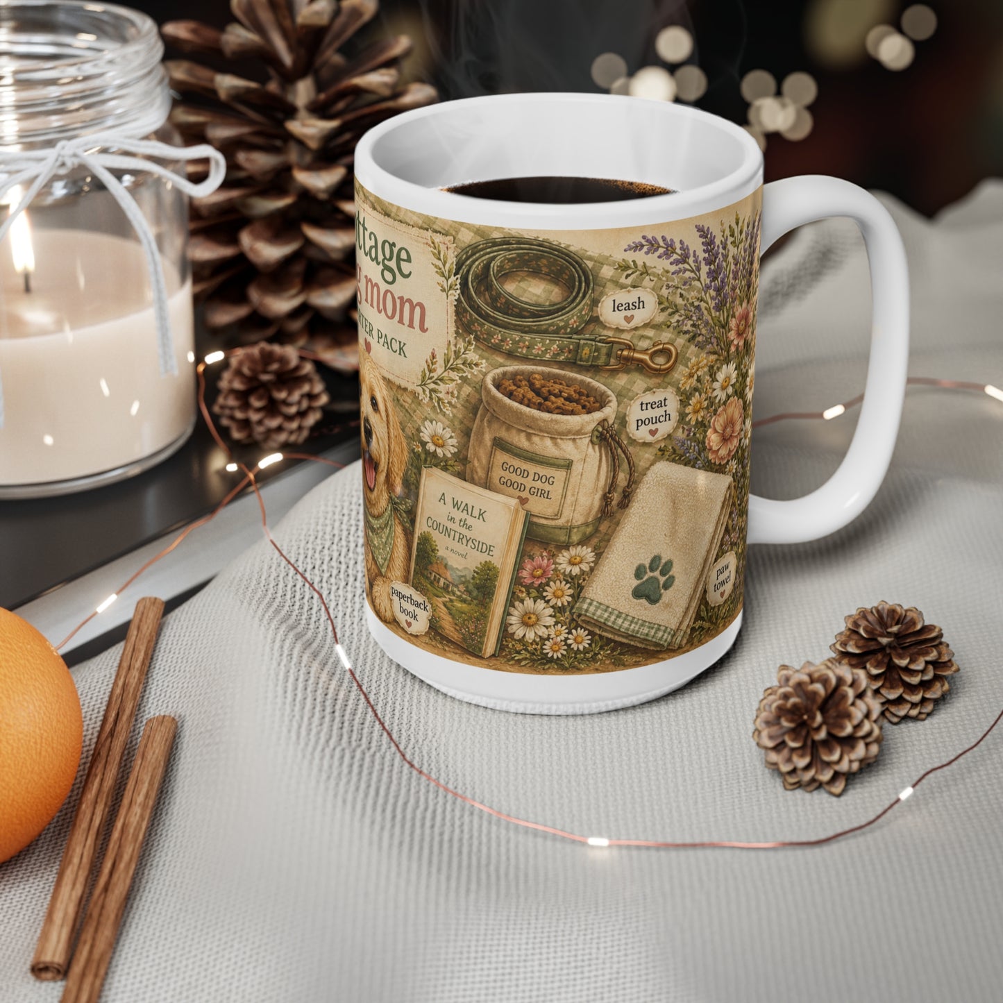Cottage Dog Mom Mug — Ceramic 15oz Coffee Cup, Rustic Floral & Puppy Starter Pack Design
