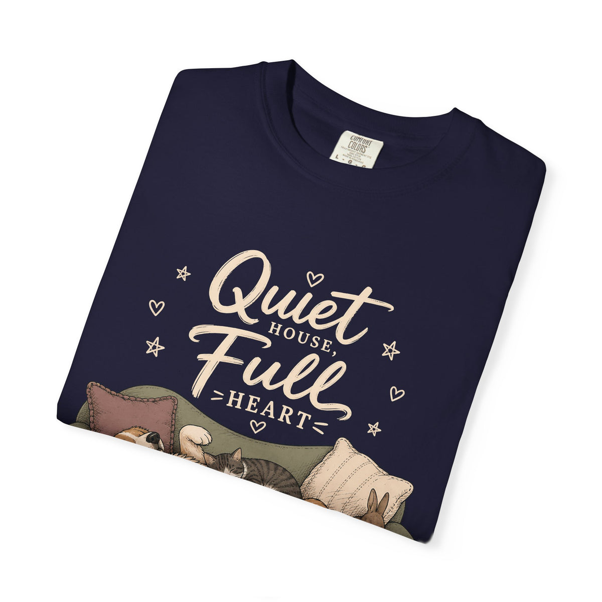 "Quiet House, Full Heart" Sleeping Dog, Cat & Bunny Sofa T-Shirt