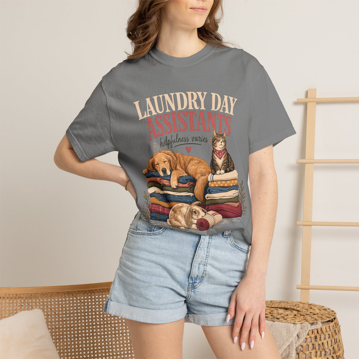 Laundry Day Assistants T-Shirt – Cute Dogs & Cat on Folded Clothes