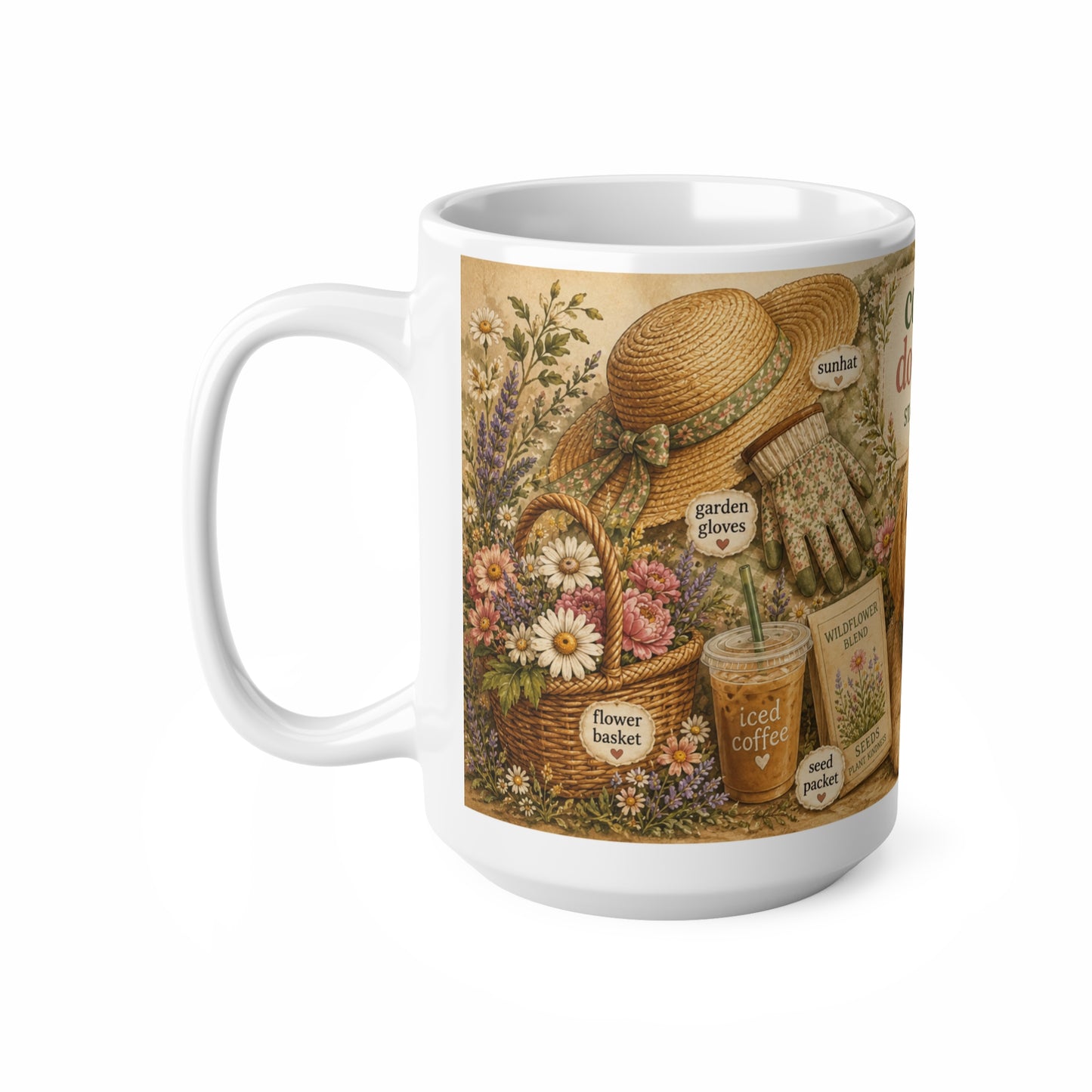 Cottage Dog Mom Mug — Ceramic 15oz Coffee Cup, Rustic Floral & Puppy Starter Pack Design