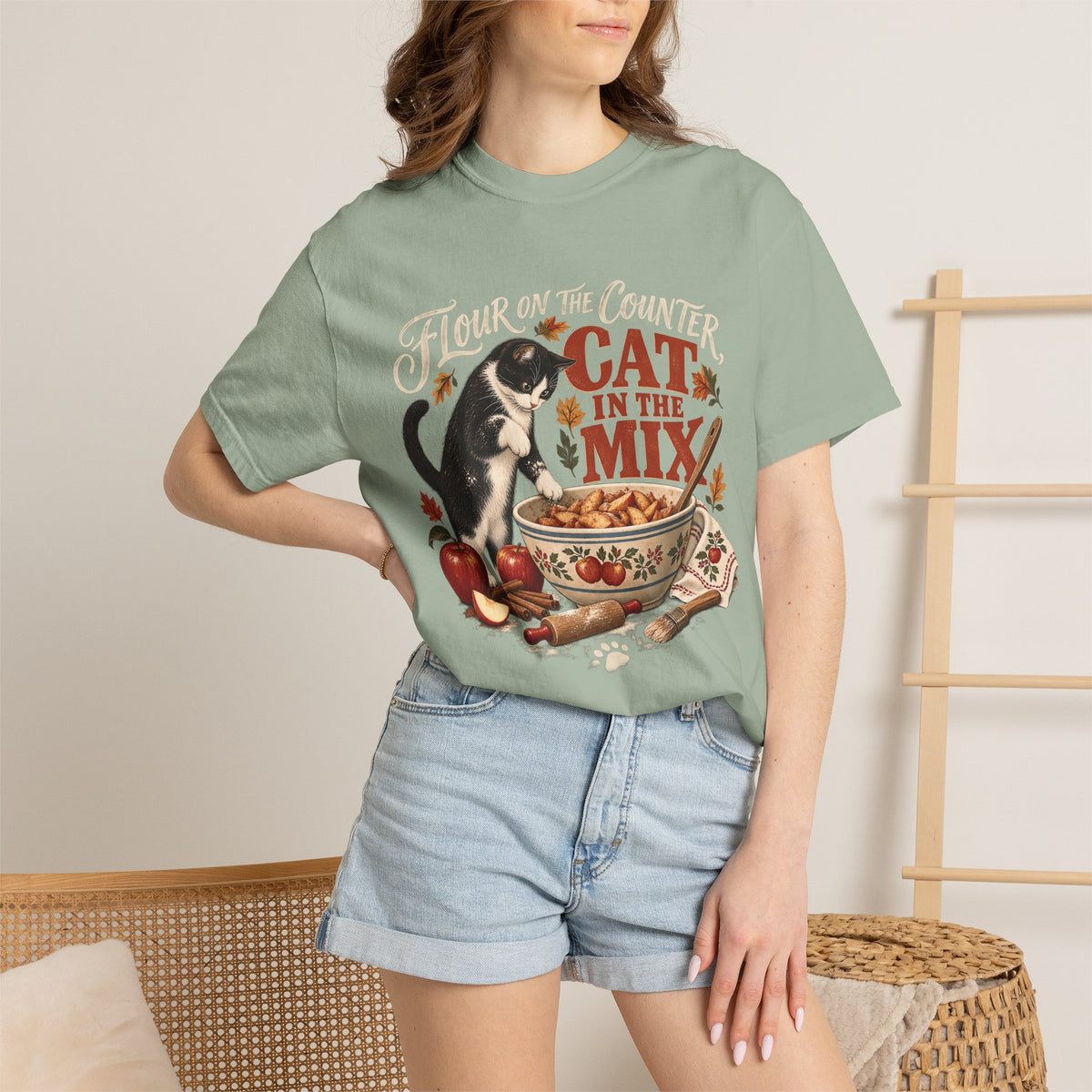 Flour on the Counter Cat in the Mix T-Shirt – Funny Baking Cat Tee