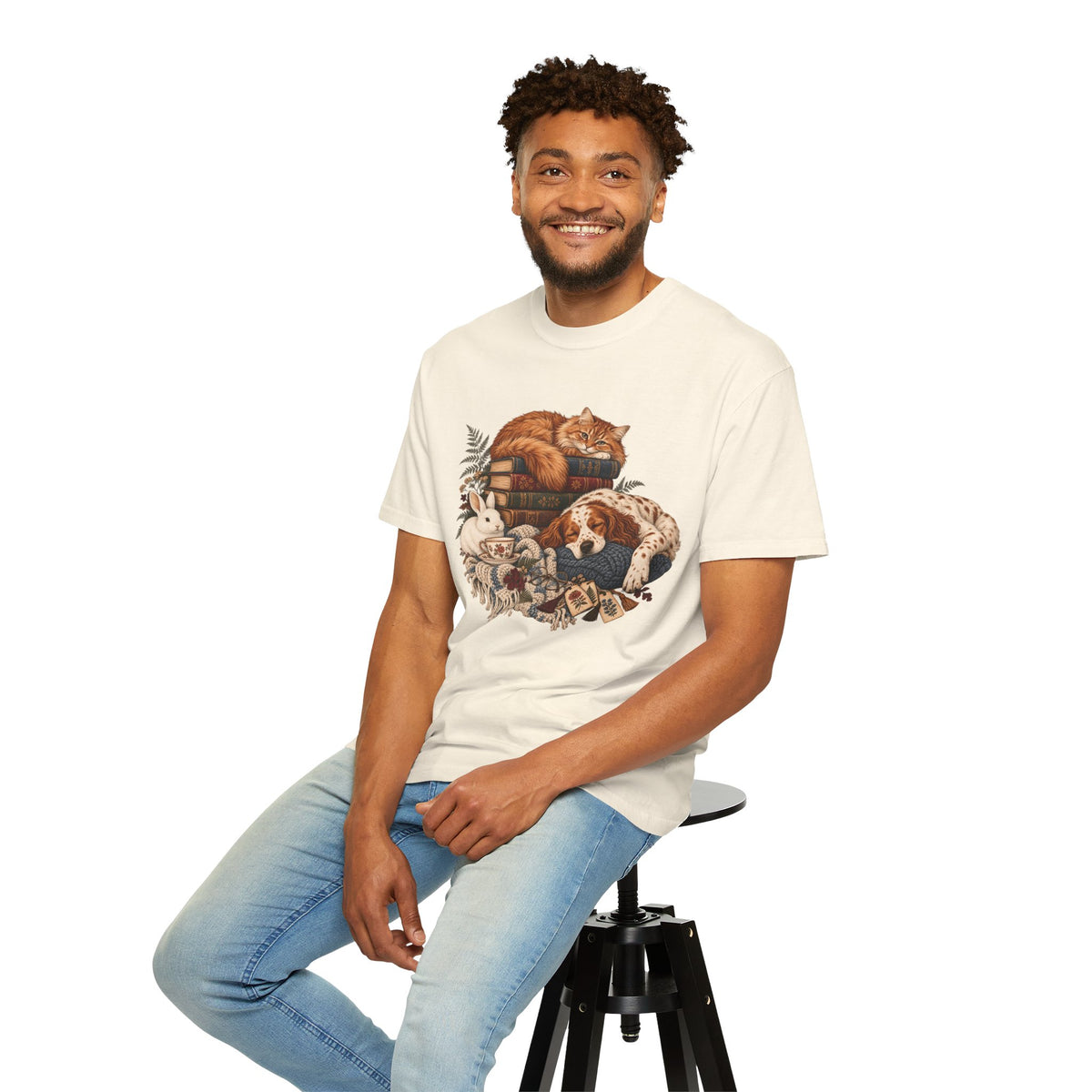 Cozy Reading Pets T-Shirt – Cat, Dog & Bunny Book Lover Tee